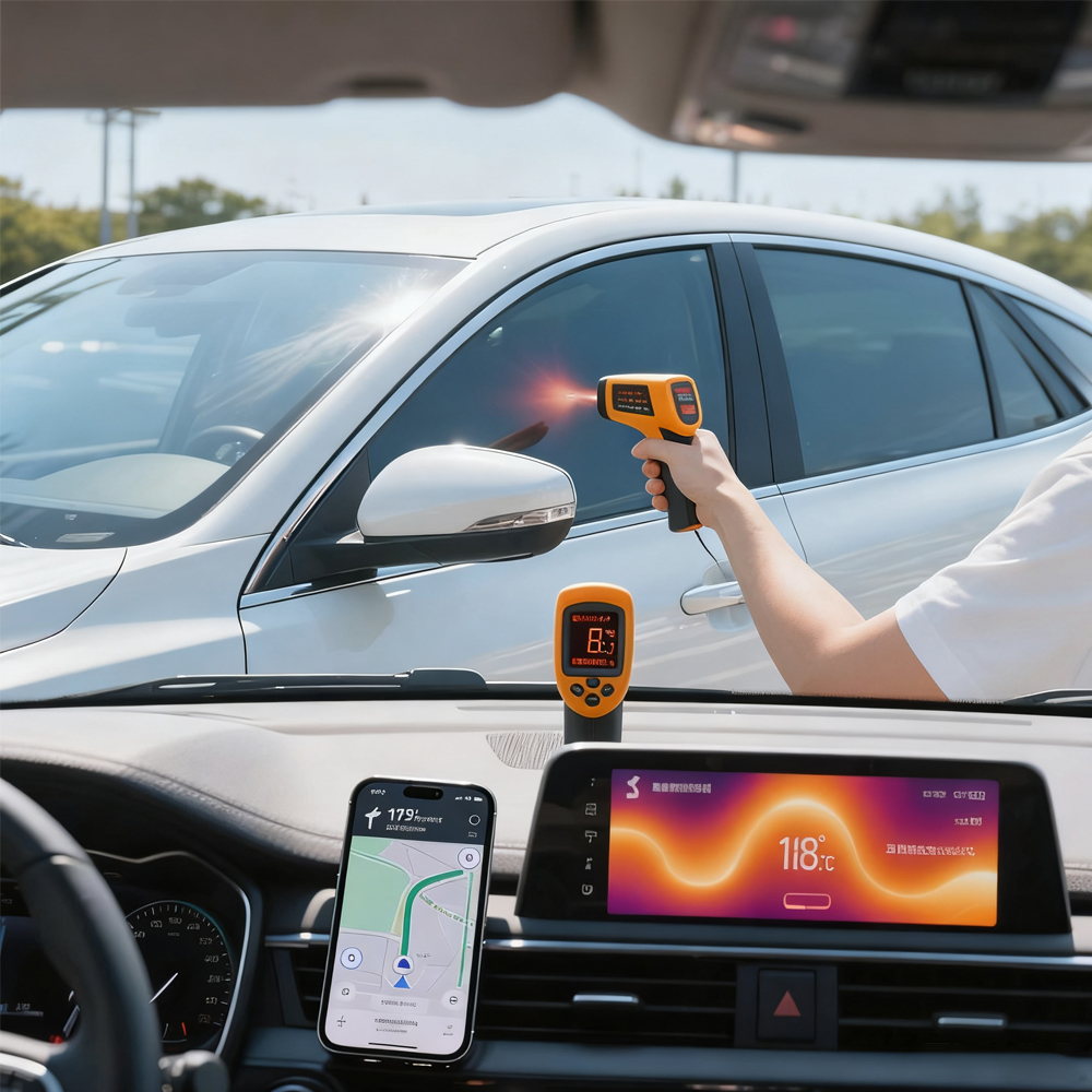 Illustration of car UV tint protecting dashboard and seats