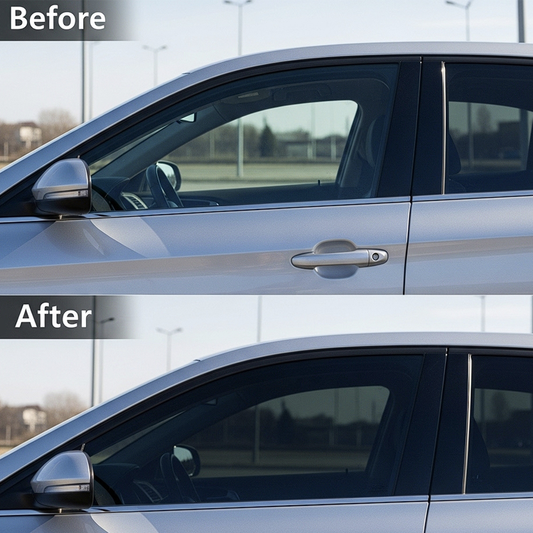 Car window before and after UV tint installation